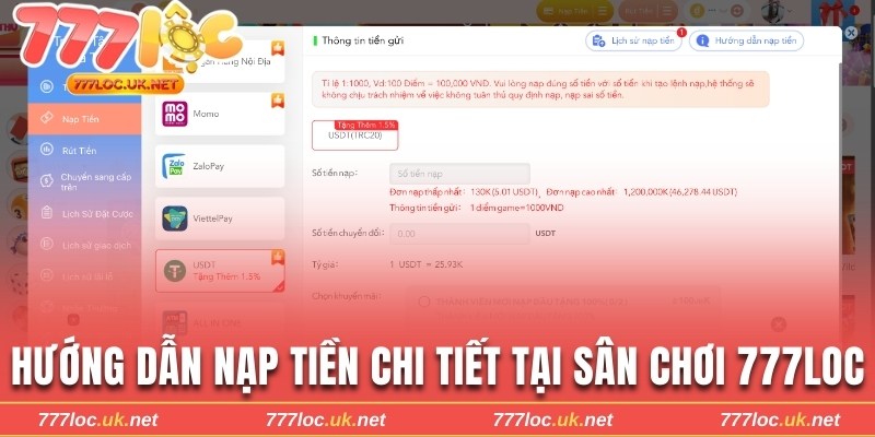 Hướng dẫn nạp tiền chi tiết tại sân chơi 777loc