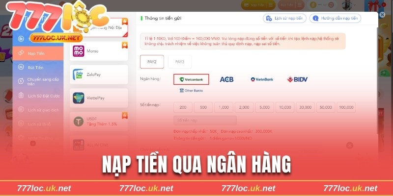 Nạp tiền qua ngân hàng