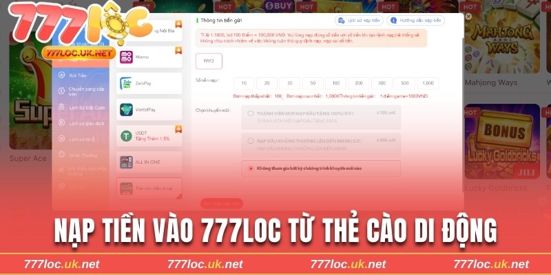 Nạp tiền vào 777loc từ thẻ cào di động